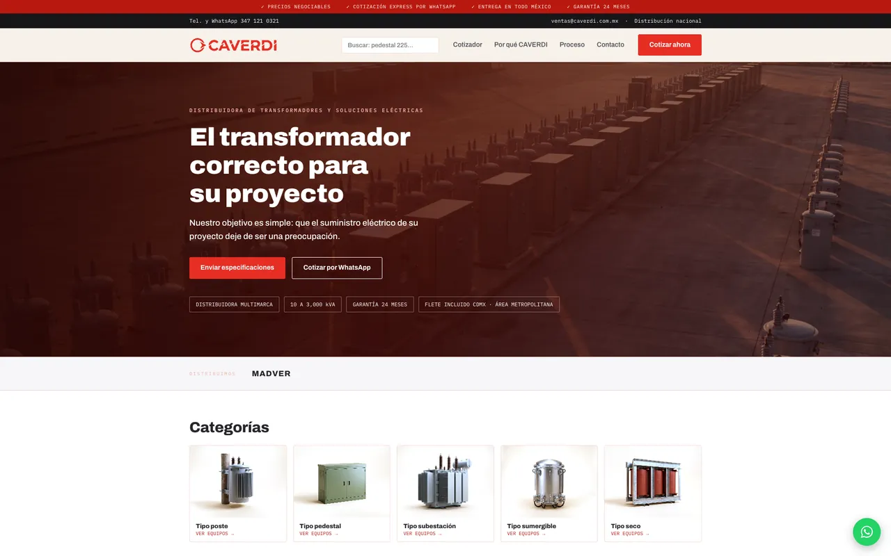 Portada del sitio de CAVERDI: el titular «El transformador correcto para su proyecto» sobre un patio con transformadores