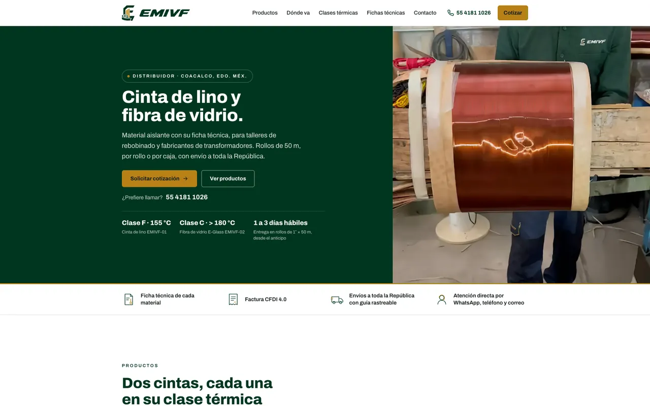 Portada del sitio de EMIVF: el titular «Cinta de lino y fibra de vidrio.» junto a una bobina de cobre forrada con cinta de lino