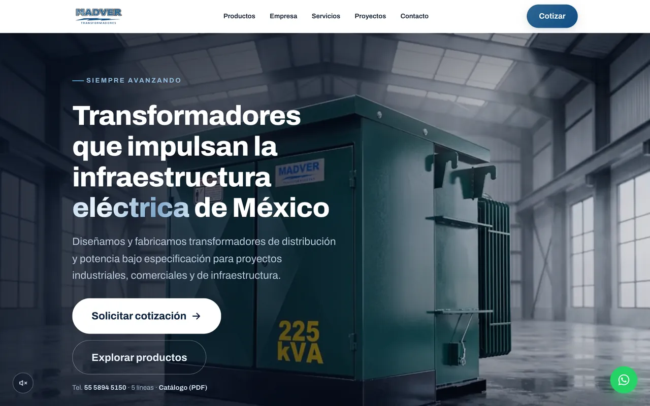 Portada del sitio de MADVER: el titular «Transformadores que impulsan la infraestructura eléctrica de México» junto a un transformador de 225 kVA